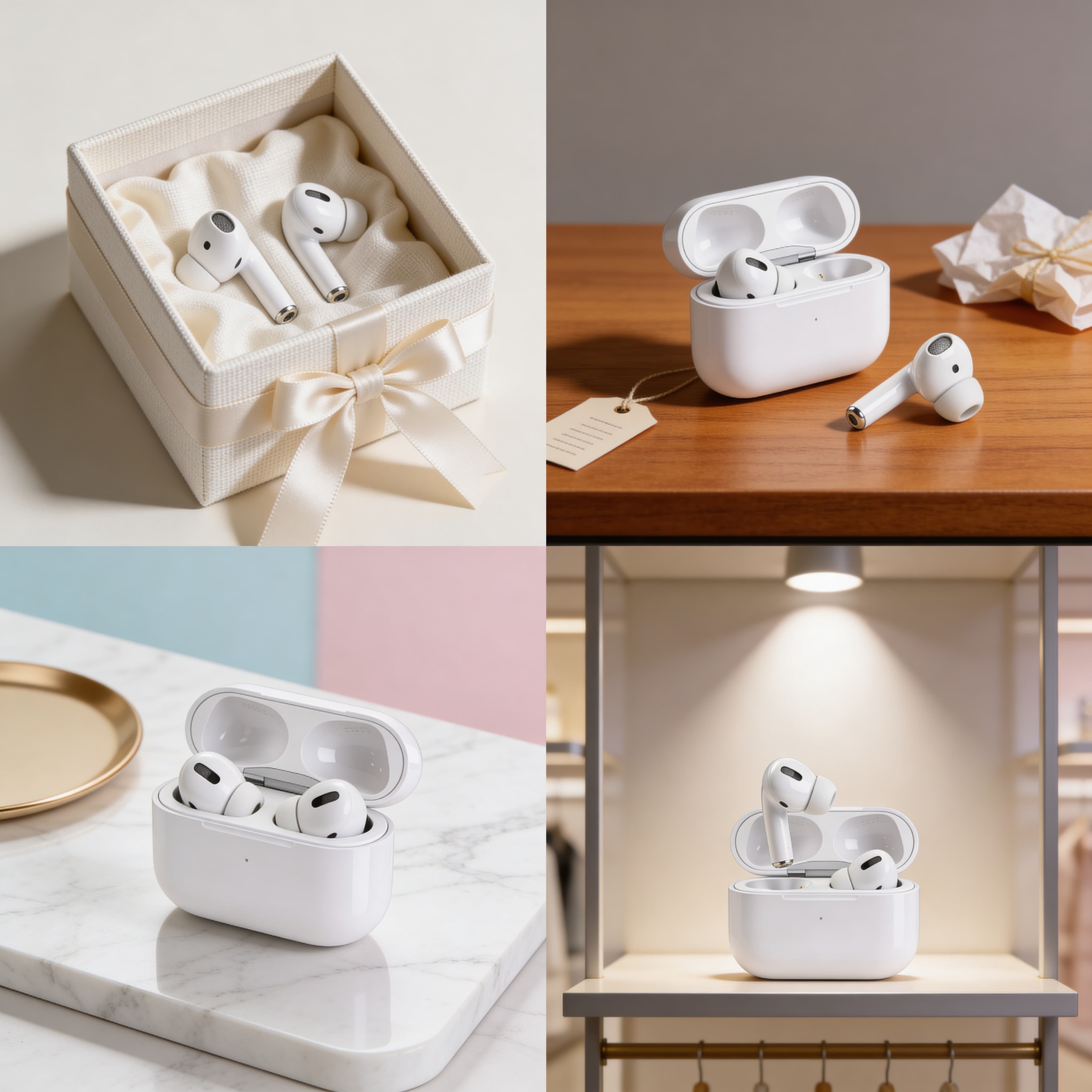 Premium ecommerce visual of white wireless earbuds on a warm gradient studio background